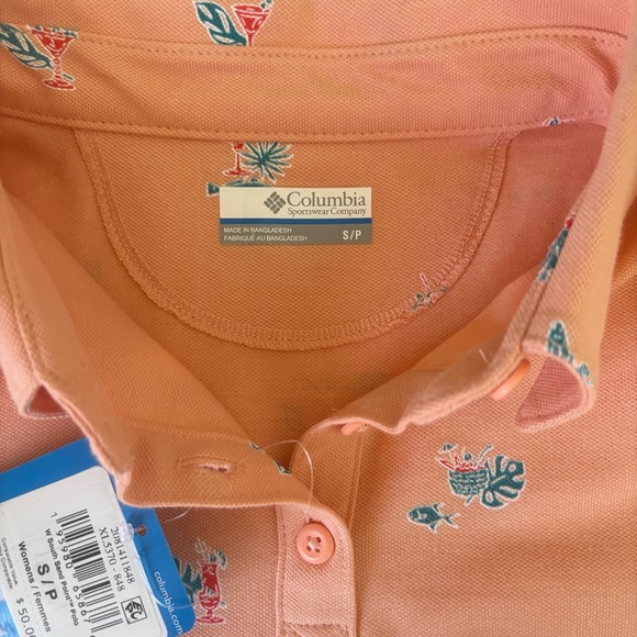 Columbia PFG South Sand Point Peach Print Polo Shirt Size Small Fish & Cocktails - Picture 2 of 13